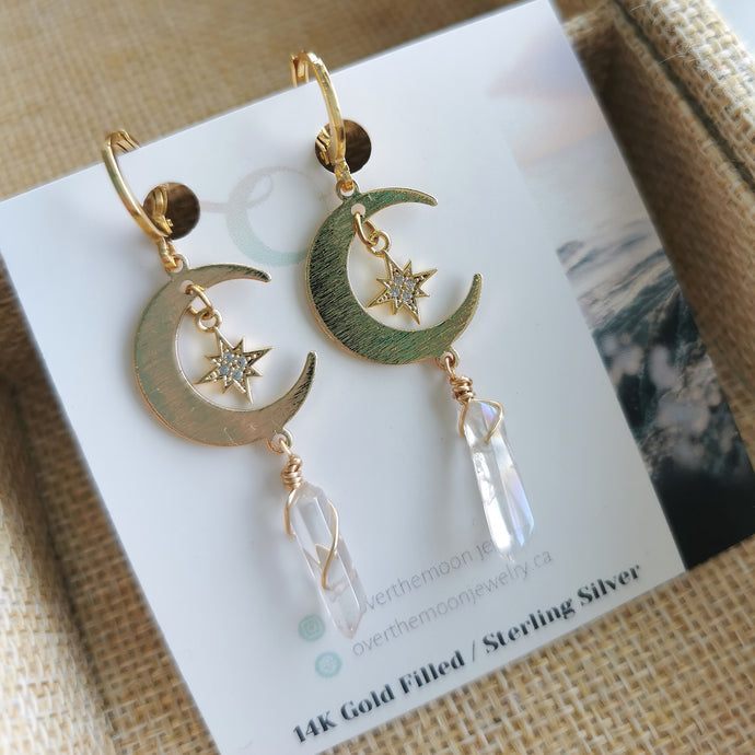 Gold Moon + Star Earrings - White