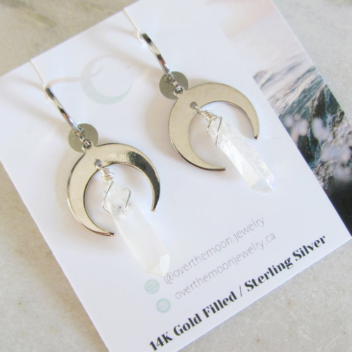 Silver Crescent Moon Earrings - White