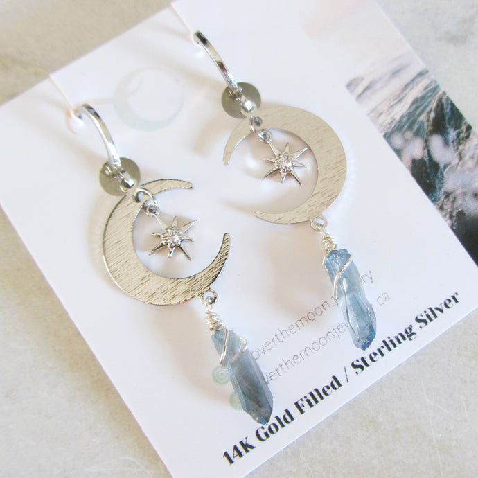Silver Moon + Star Earrings - Indigo