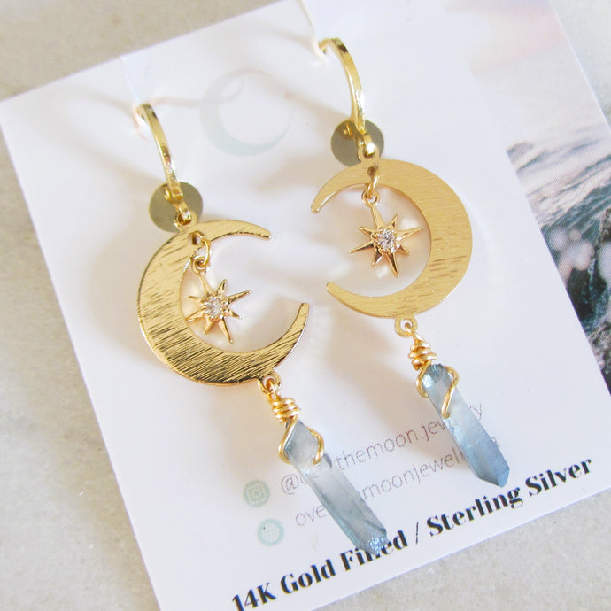 Gold Moon + Star Earrings - Indigo