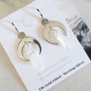 Silver Crescent Moon Earrings - White