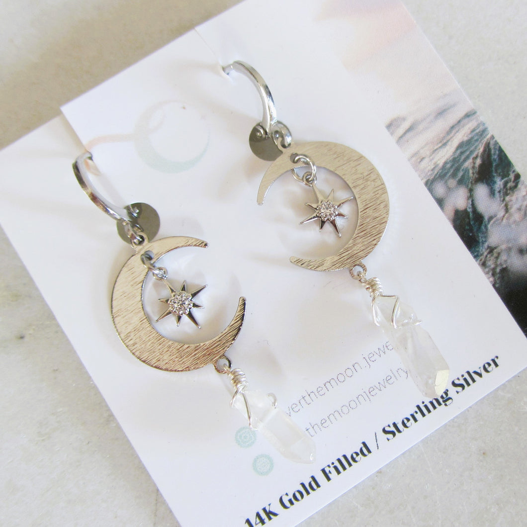 Silver Moon + Star Earrings - White