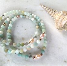 Load image into Gallery viewer, Three amazonite and pearls beaded anklets on a white background.