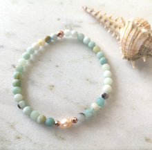 Load image into Gallery viewer, An amazonite and pearls beaded anklet with rose gold accents on a white background.