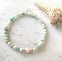 Load image into Gallery viewer, An amazonite and pearls beaded anklet with gold accents on a white background.